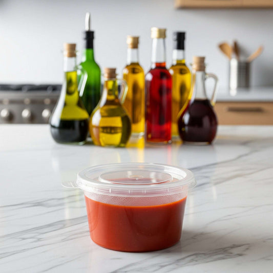20z Microwavable Container of red sauce on a kitchen counter with various bottles in the background
