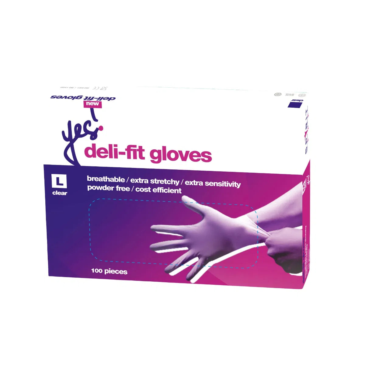 Box of deli-fit gloves with purple packaging and a hand illustration on a white background