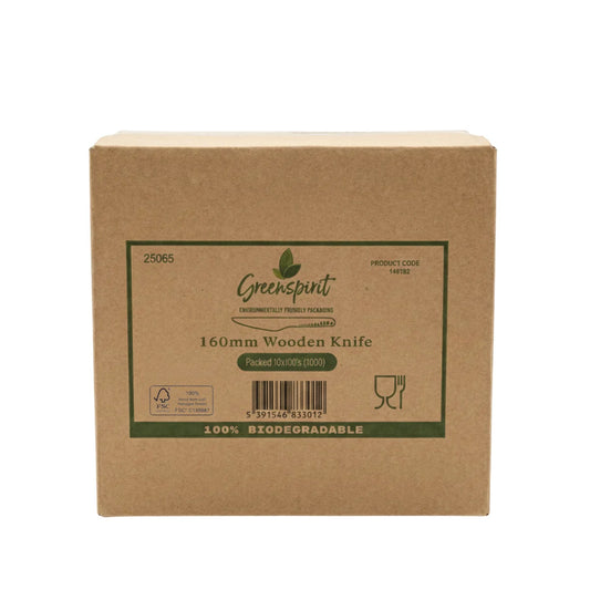 Greenspirit Wooden Knife Cardboard box with 'Green Spirit' branding for 160mm wooden knife packaging.