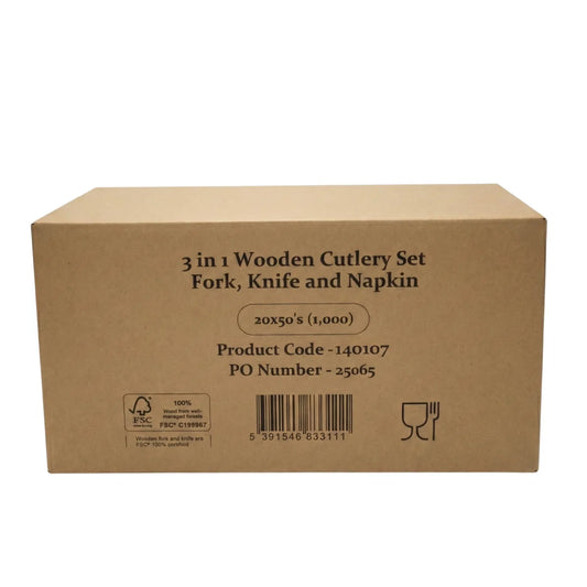 3 in 1 Wooden Cutlery Set | Fork, Knife & Napkin | 1000 Pack (20x50) | FREE Ireland Delivery