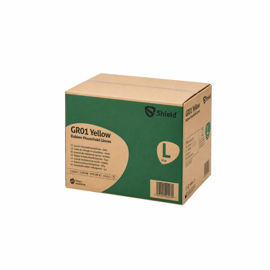 A cardboard box of Shield GR01 Yellow Rubber Household Gloves, size Large, featuring a dark green front panel with a beige label and a yellow size indicator.