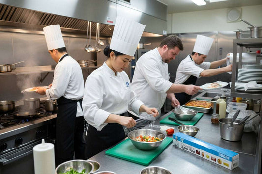 Chefs preparing food using cling film