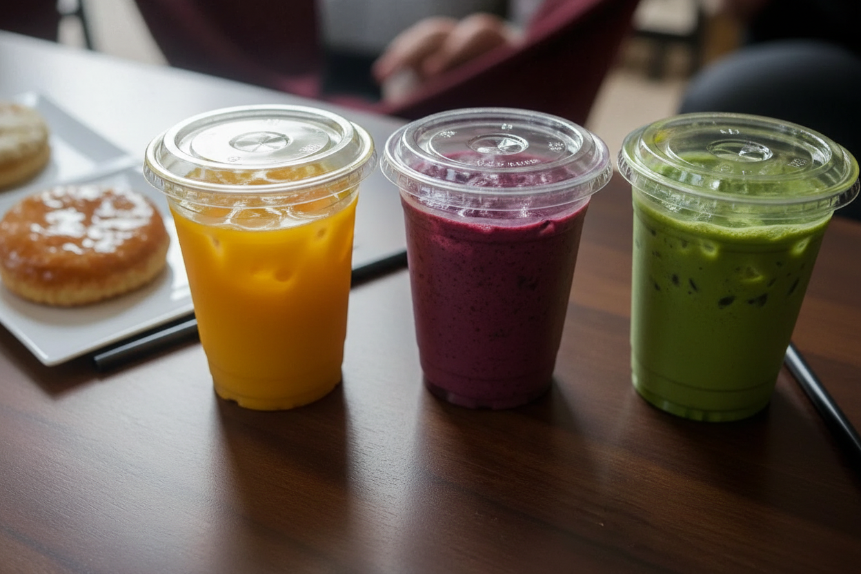 4 cups with dual sip & straw lids on café counter