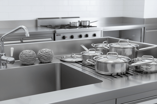 40g Stainless Steel Scourers beside commercial kitchen sink