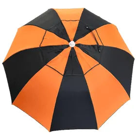 Orange and black racecourse bookmakers umbrella on a white background top view
