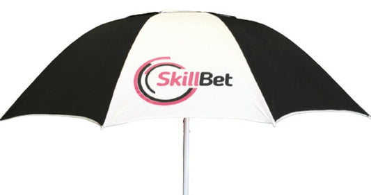 Bookmakers Umbrella Black and white umbrella with SkillBet logo on a white background