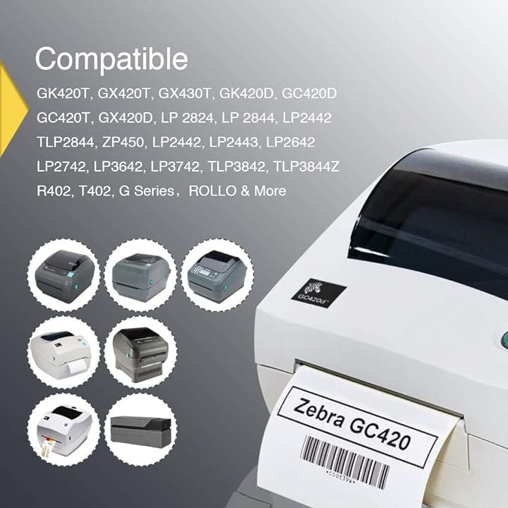 Zebra label printer with compatible printer models listed on a gray background