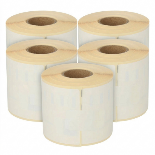 Five rolls of Dymo 99015 label paper on a white background