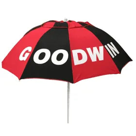 Red and black umbrella with 'GOODWIN' branding on a white background