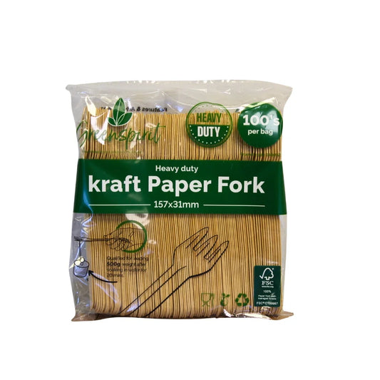Packaged heavy-duty kraft paper forks with visible branding on a white background
