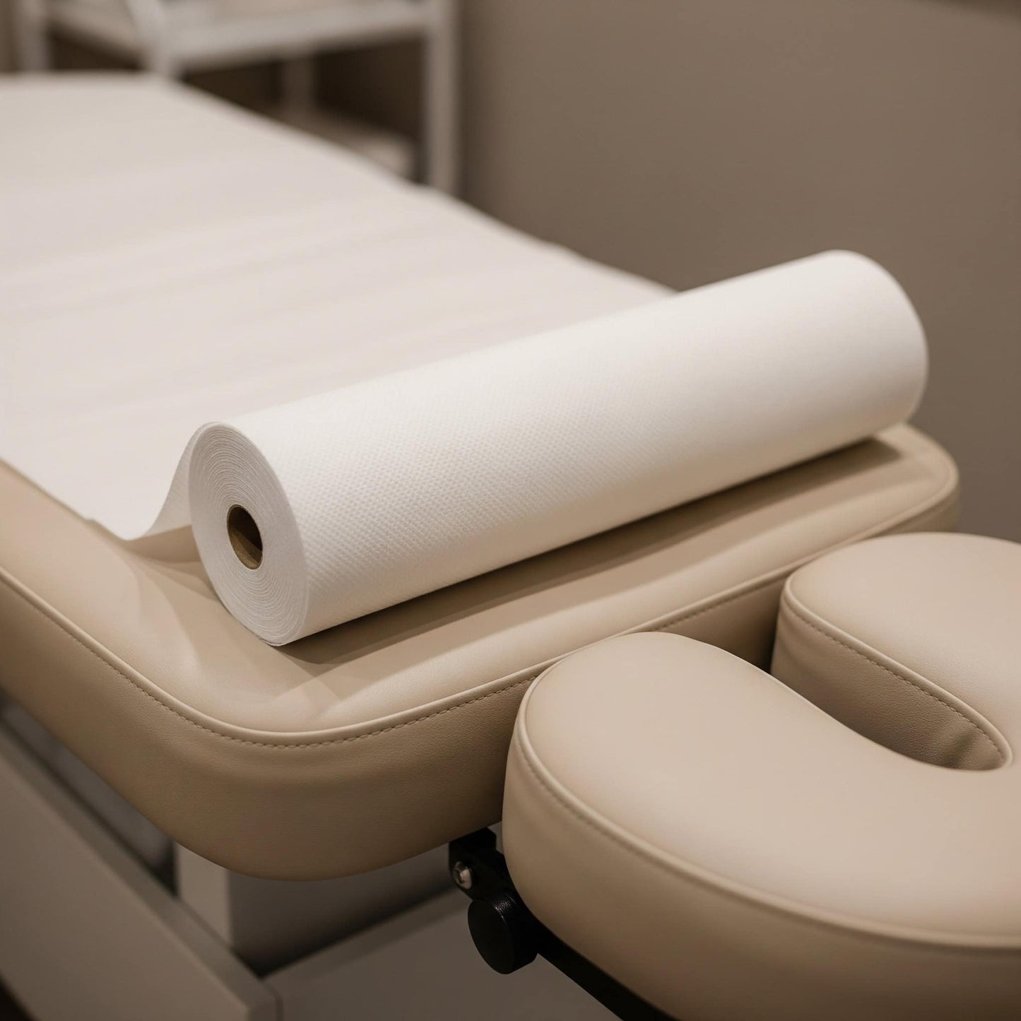 Beige massage table with a Couch Roll of paper towel on a neutral background