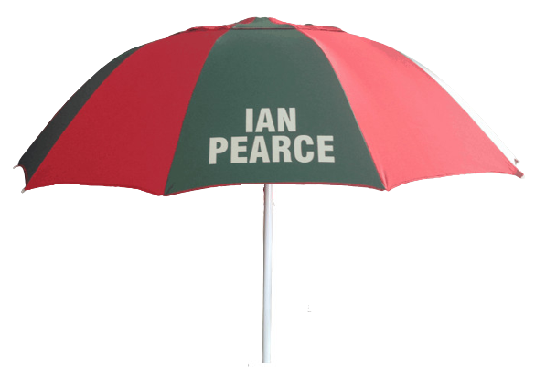 Red and green umbrella with 'IAN PEARCE' text on a white background