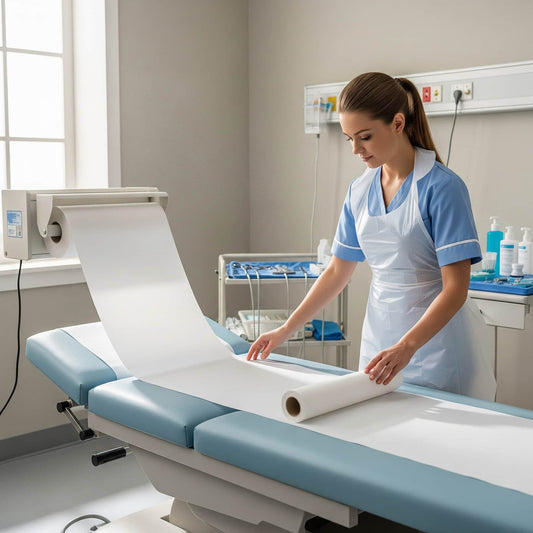 Nurse place Couch Roll on a medical couch in a clinic