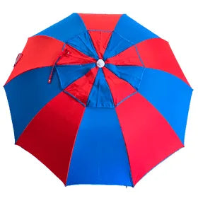Red and blue racecourse bookmaker umbrella on a white background top view
