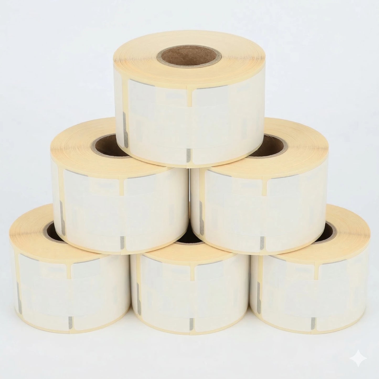 Stack of Seiko SLP-2RLH label rolls on a white background