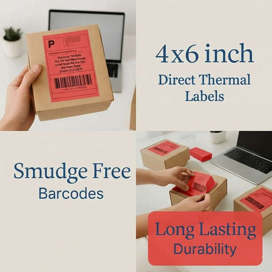 Smudge free 102x152mm (4x6") red shipping labels on parcels