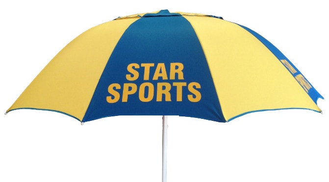 Yellow and blue racecourse bookmakers umbrella with 'Star Sports' branding on a white background