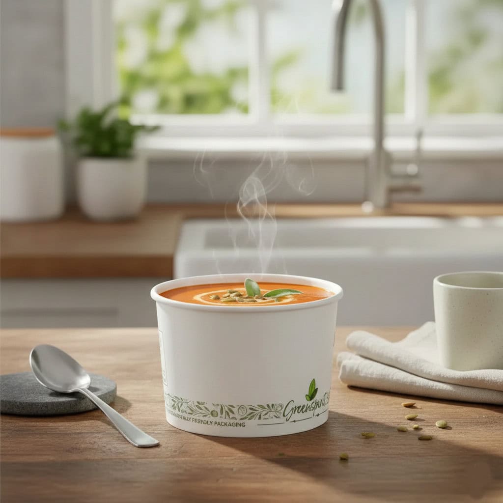 Steaming bowl of soup in a 16oz White Greenspirit Compostable soup Container on a wooden table with a kitchen background
