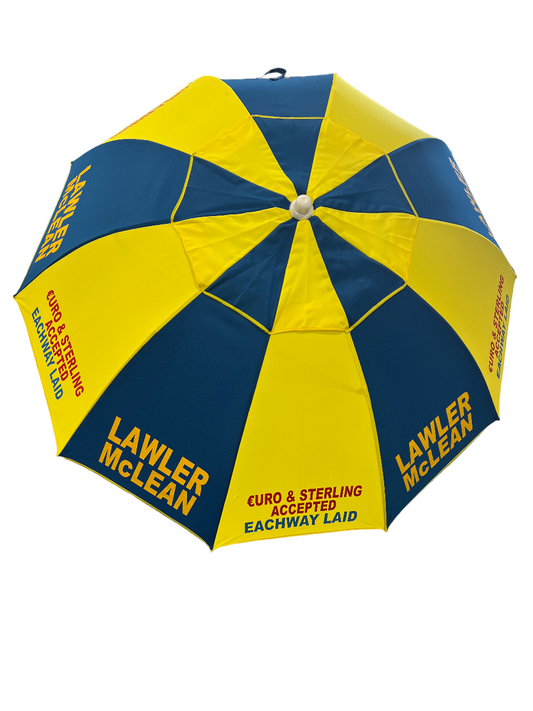 Yellow and blue racecourse bookmakers umbrella with Lawler McLean branding on a white background
