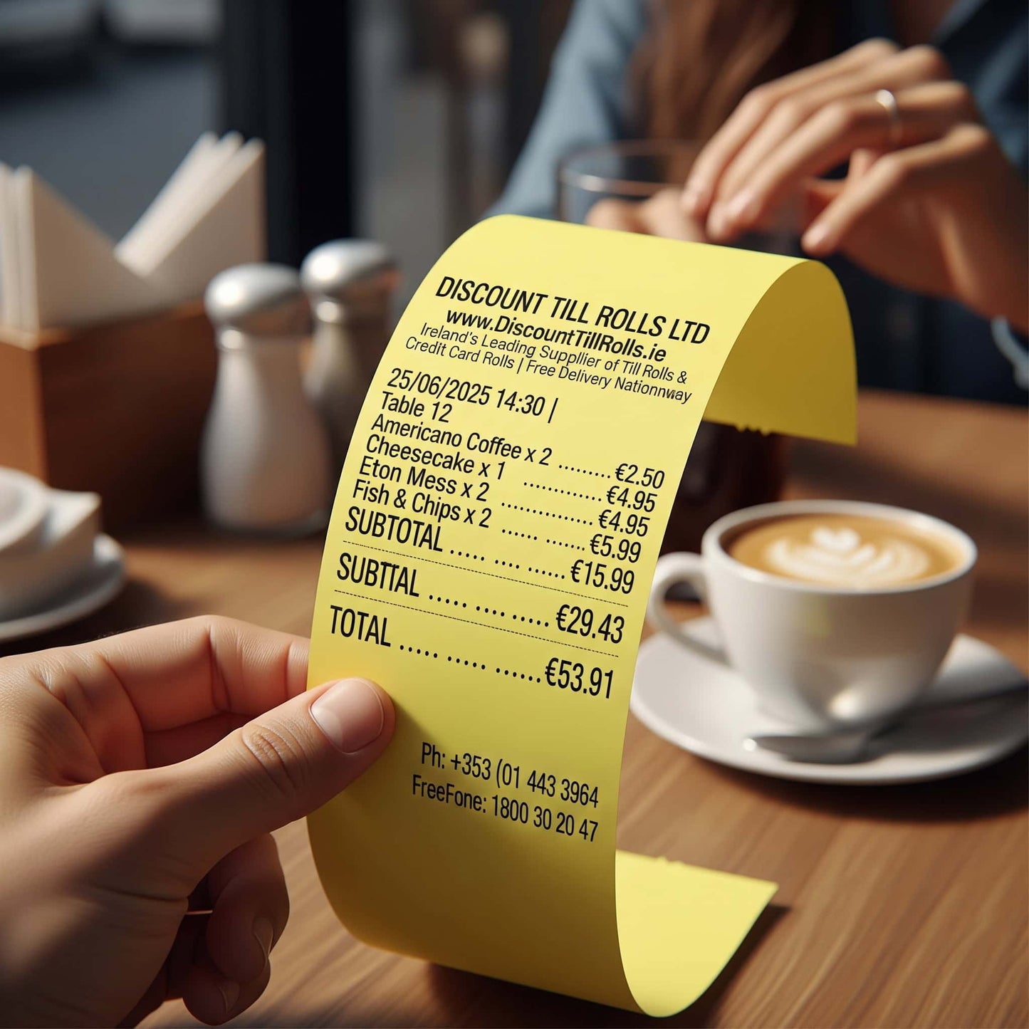 customer holding a 80mm yellow 80mm thermal receipt in coffee hop