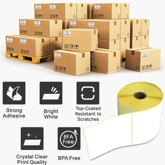 Stack of cardboard boxes on a pallet with a roll of labels and product features displayed.