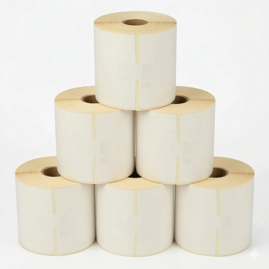 Stack of Zebra 800264-605 / 800284 white label rolls 300 per roll on a white background