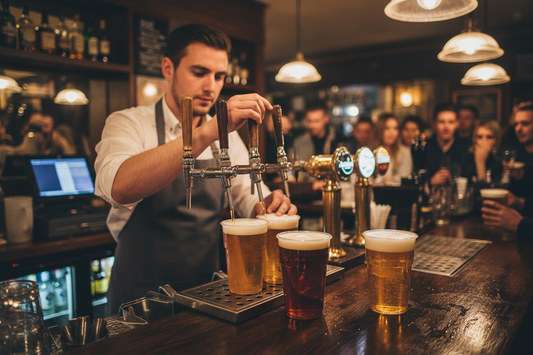 Bartender filling half pint flexi glasses at a busy pub bar