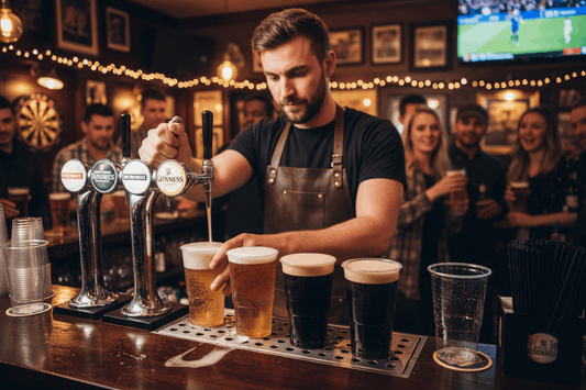 Bartender filling pint flexi glasses in busy pub