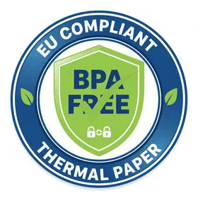 EU Compliant BPA Free Thermal Paper logo with blue and green colors on a white background