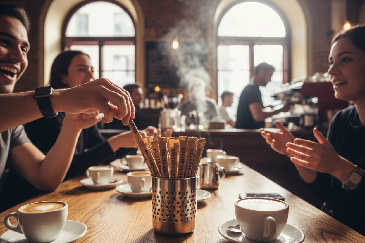 Busy cafe scene with multiple customers using brown sugar sticks