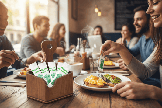 Busy cafe scene with multiple customers using pepper sachets