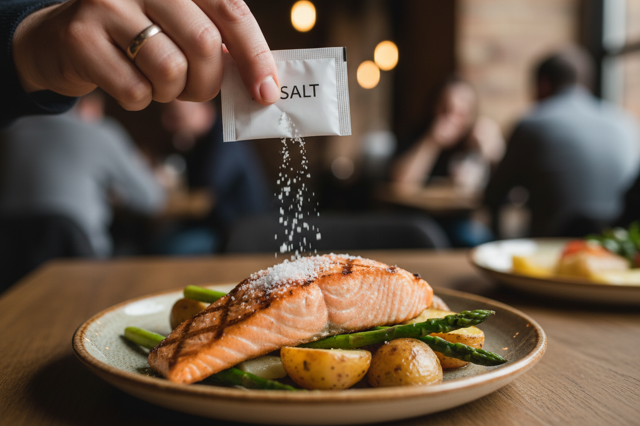 Customer opening salt sachet over meal