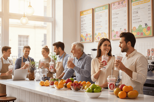 Customers with Chill cups at juice bar