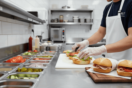 Deli staff member wearing clear PE poly gloves making sandwiches on prep counter