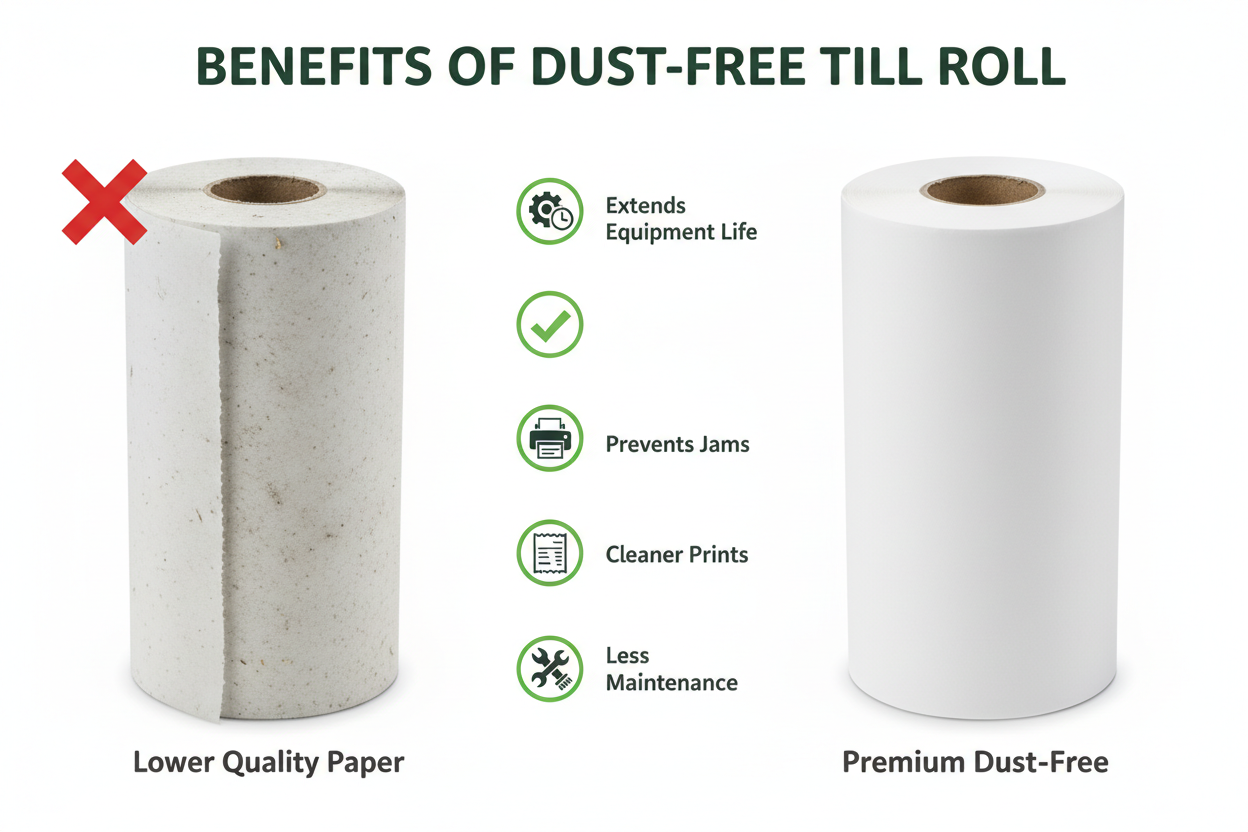 Comparison of dust-free till roll with lower quality paper on a white background