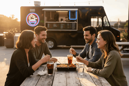 Friends sharing Chinese food at food van