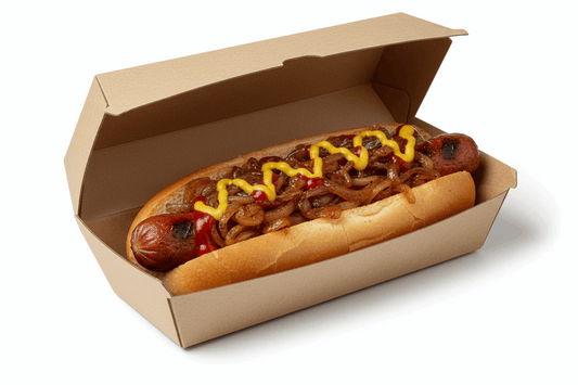 Gourmet hot dog in kraft clamshell box