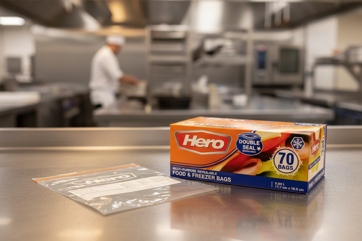 Hero Food & Freezer Bags box and individual bag on stainless steel commercial kitchen counter