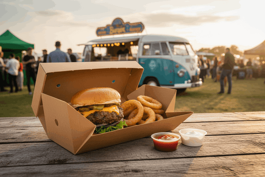 Loaded burger meal box with onion rings at festival food van