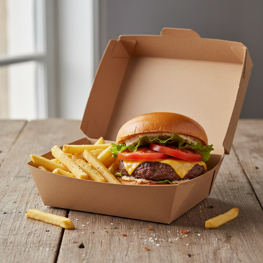 Medium kraft nested box with burger and fries on wooden table
