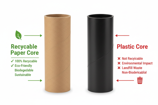 Comparison of recyclable paper core and non-recyclable plastic core on a white background