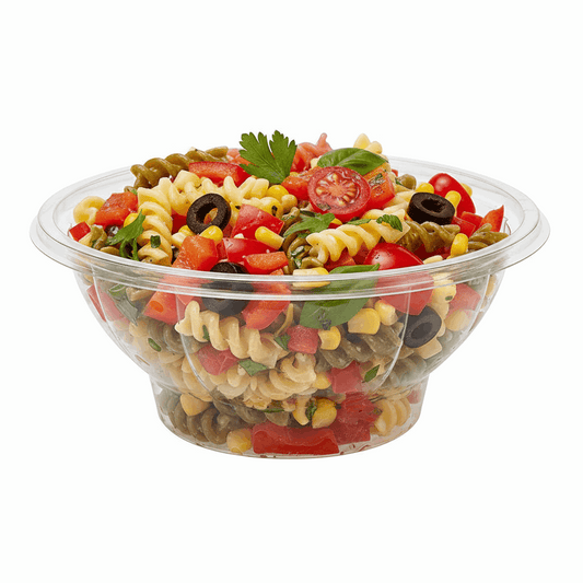 Pasta salad in round dome container