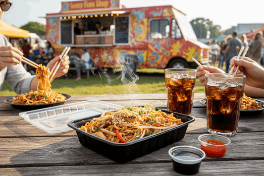 Thai pad thai in black container with sauces and cola at festival