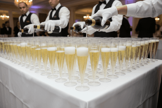 Waiters filling champagne flutes on white tablecloth table