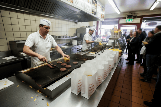 Wide angle of chip shop with multiple tick-box burger bags ready on prep counter