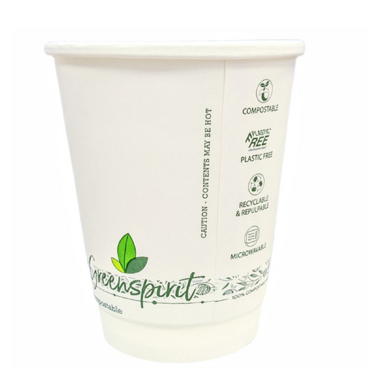 Aqueous Double Wall 12oz compostable cups - 100% plastic-free eco-friendly hot cups from Discount Till Rolls