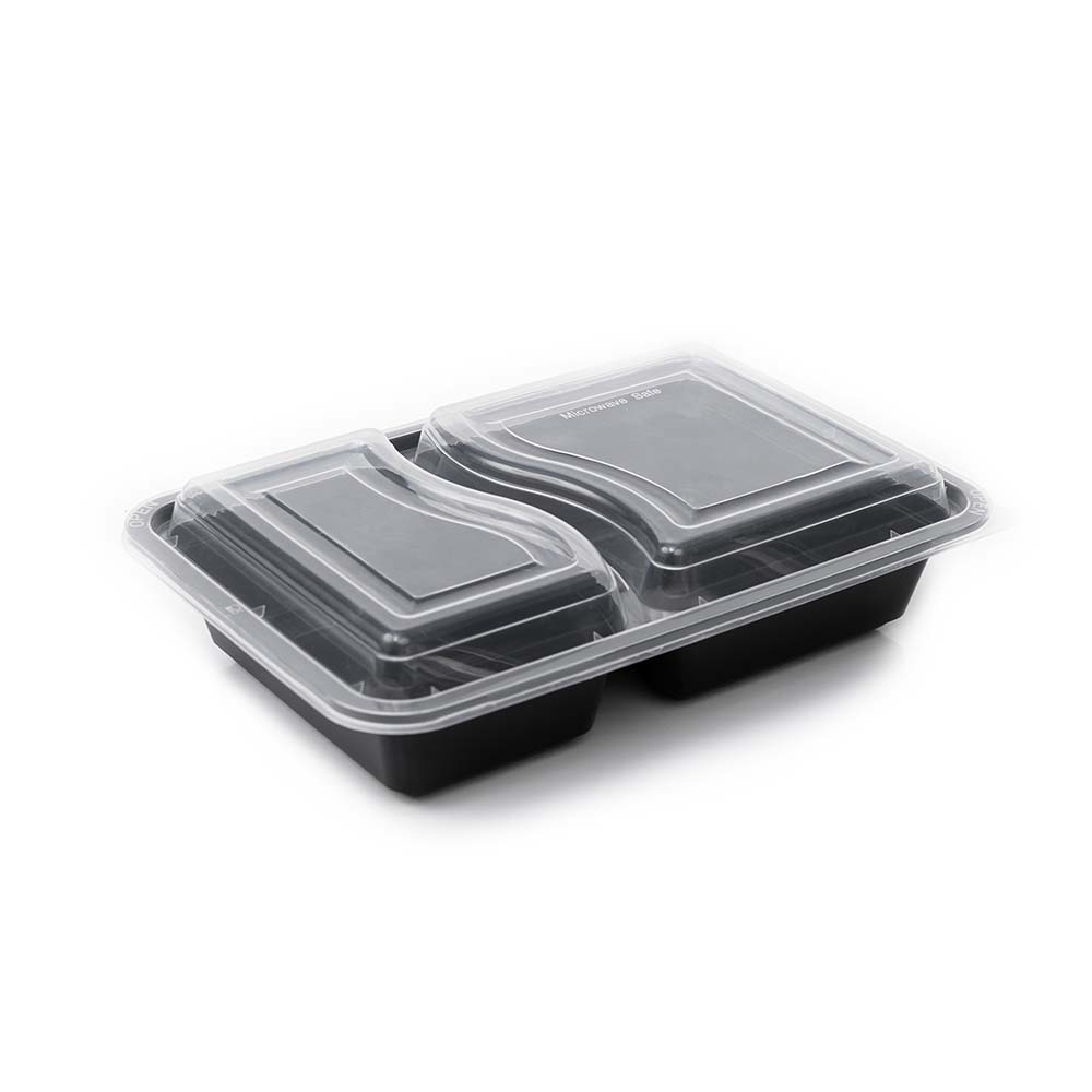 Black 2 compartment microwavable container with clear lid