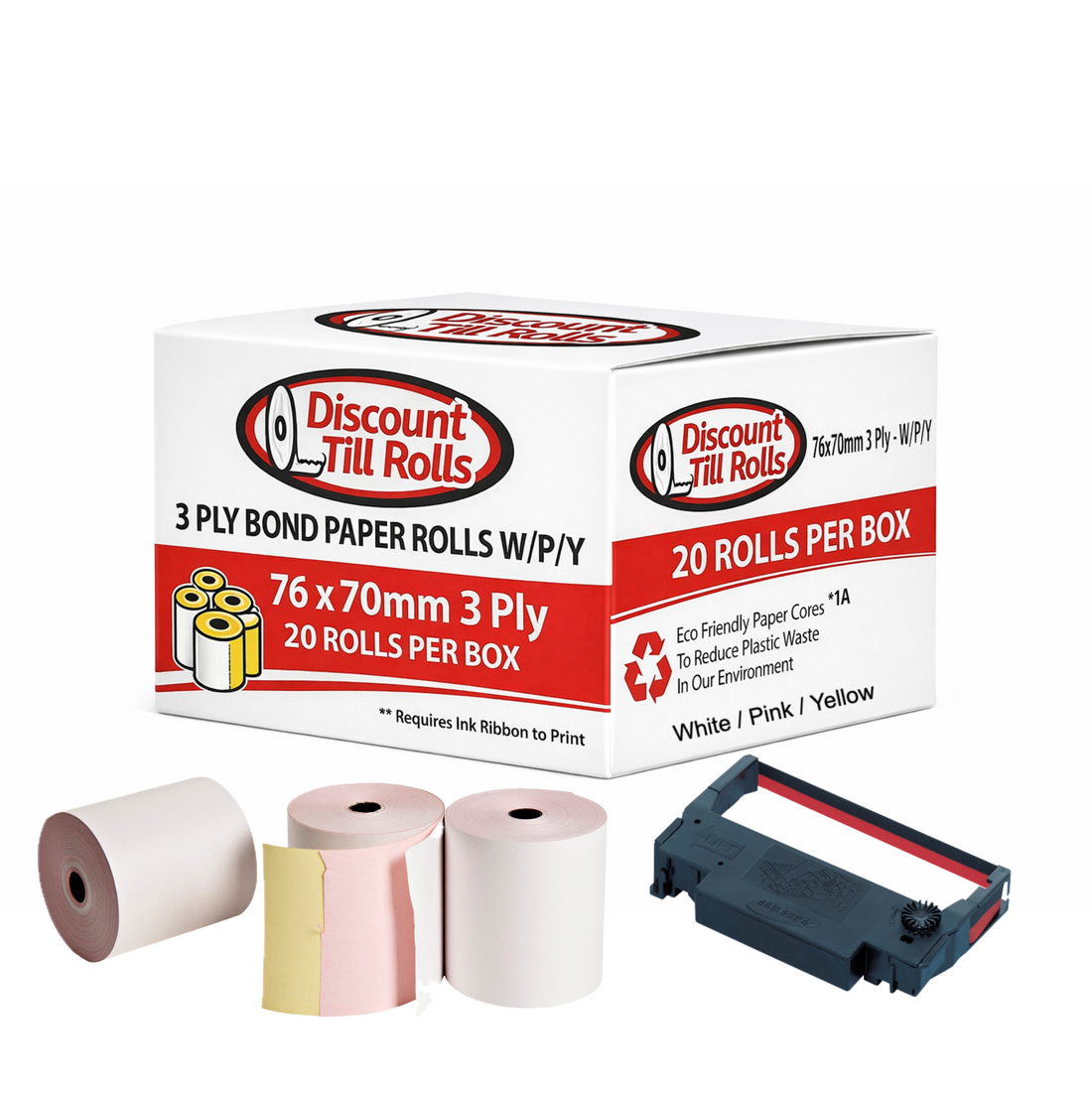 3 ply kitchen printer rolls and an ink ribbon