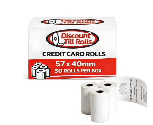 Branded Discount Till Rolls box of premium 57x40mm credit card thermal rolls with three rolls displayed in front on a white background