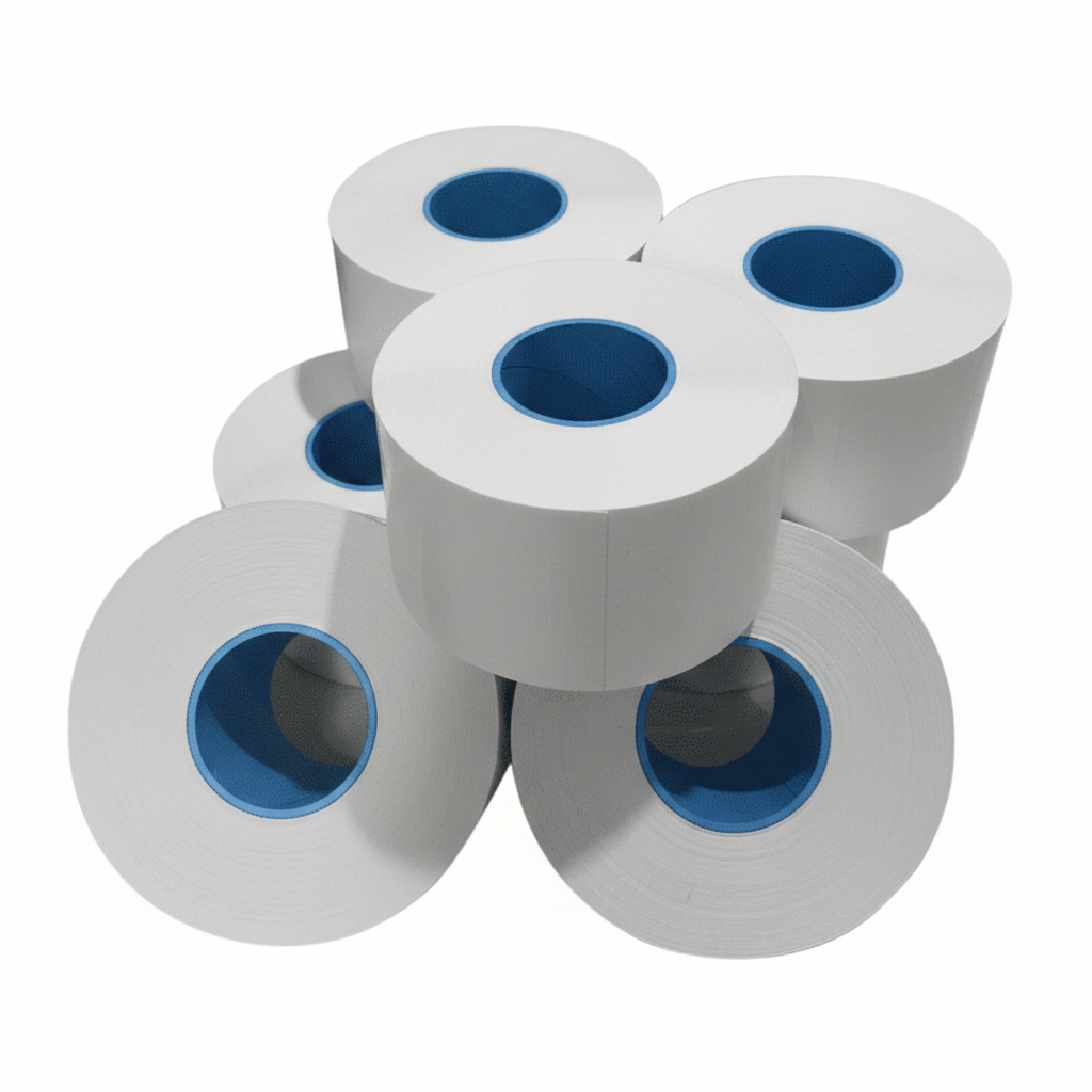 Stack of 58mm x 80m linerless label rolls from Discount Till Rolls on a white background